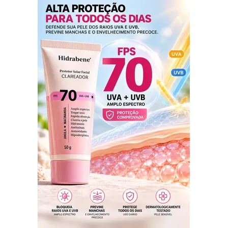 Hidrabene Protetor facial Solar FPS 70 Toque Seco Antissinais Clareia a pele 50g